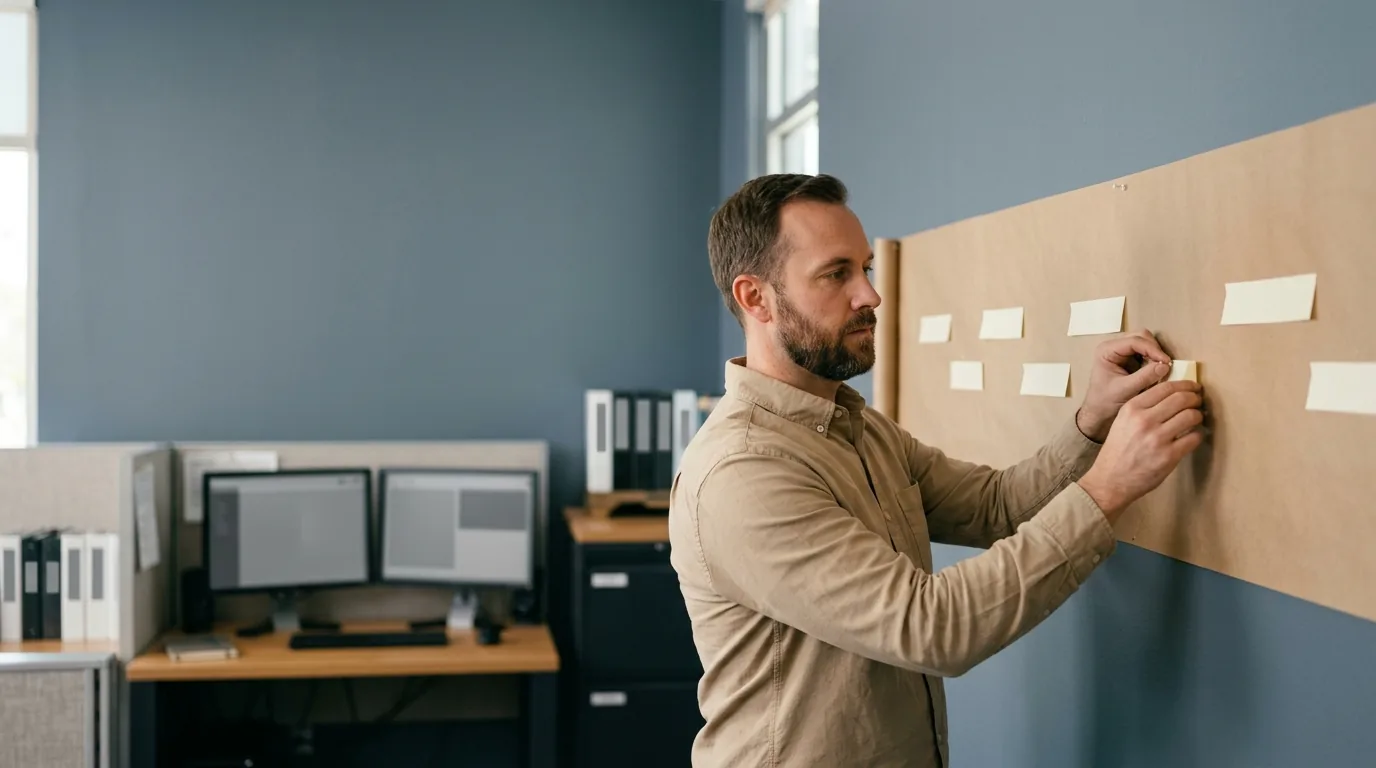 Sequencing the work: a project manager adds a marker to a long paper timeline pinned across an office wall.