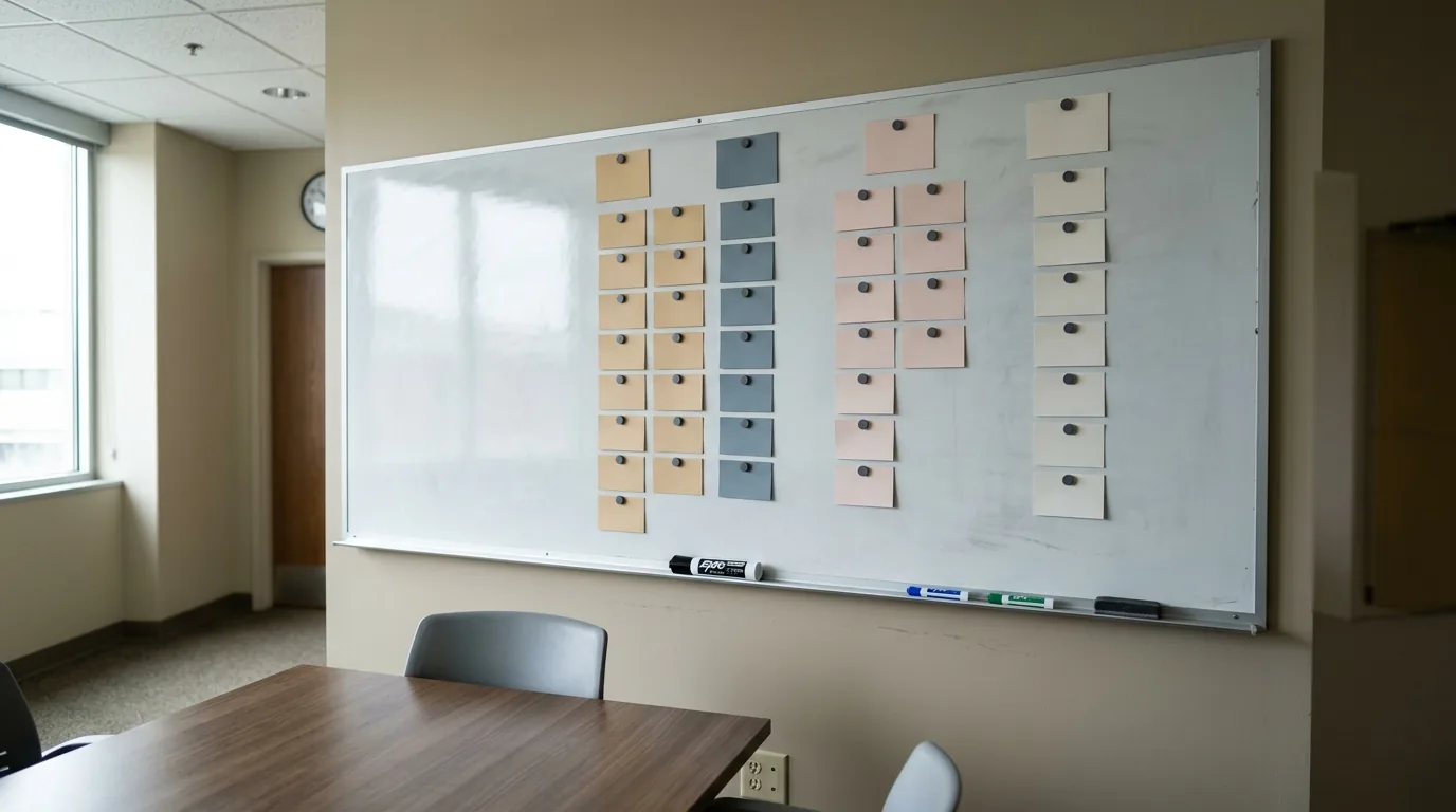 Project management made physical: a wall-mounted kanban board of blank coloured cards in columns beside an empty meeting table.