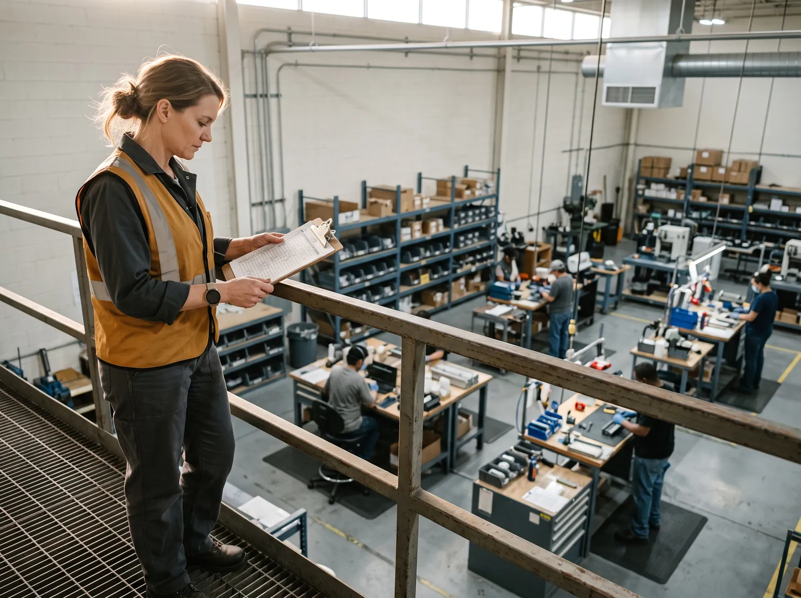 Operations management in practice: a manager reviews a schedule on a clipboard from a mezzanine above a working manufacturing floor.