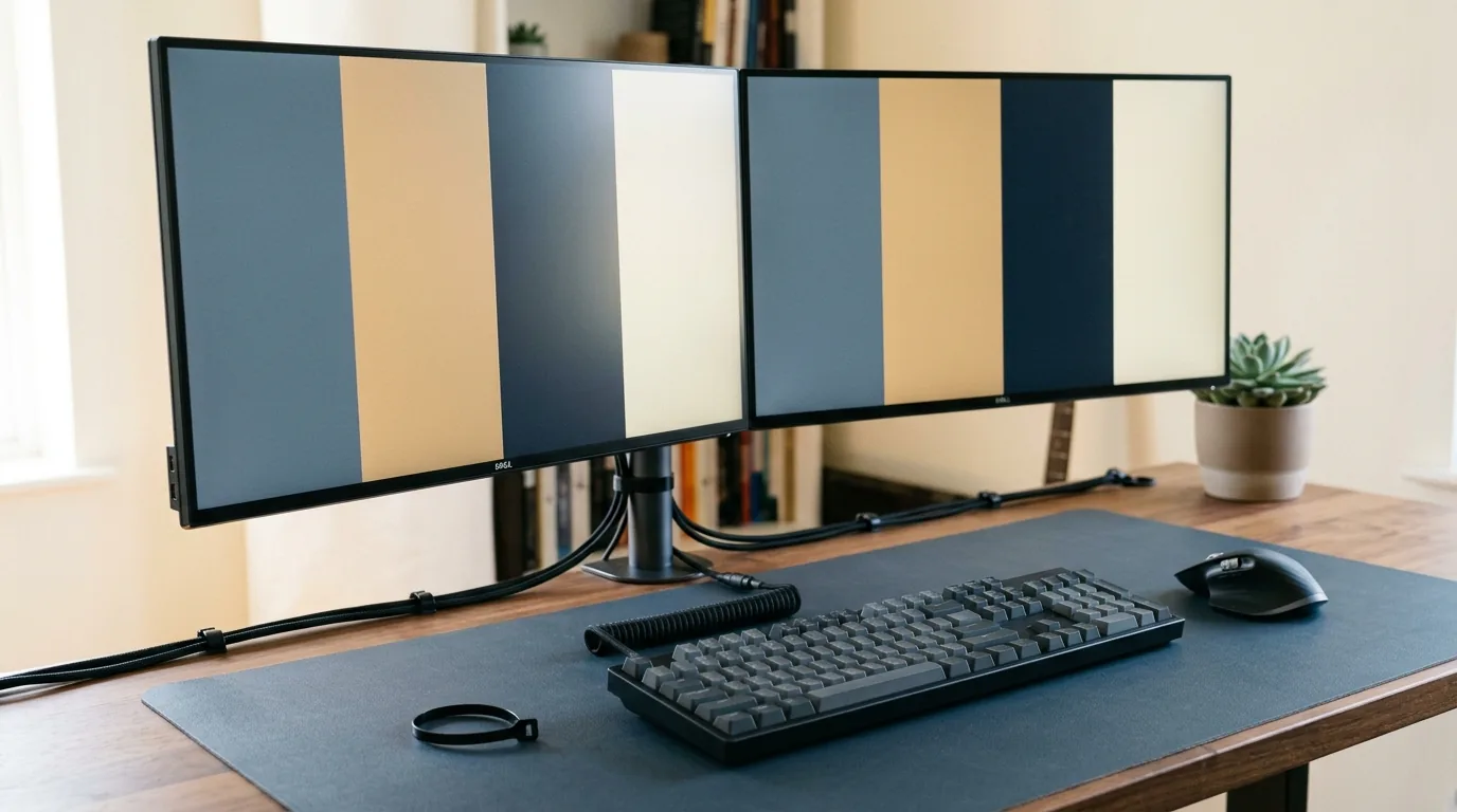Business software by function: a two-monitor workstation, keyboard and routed cabling on a plain desk in cool indirect daylight.