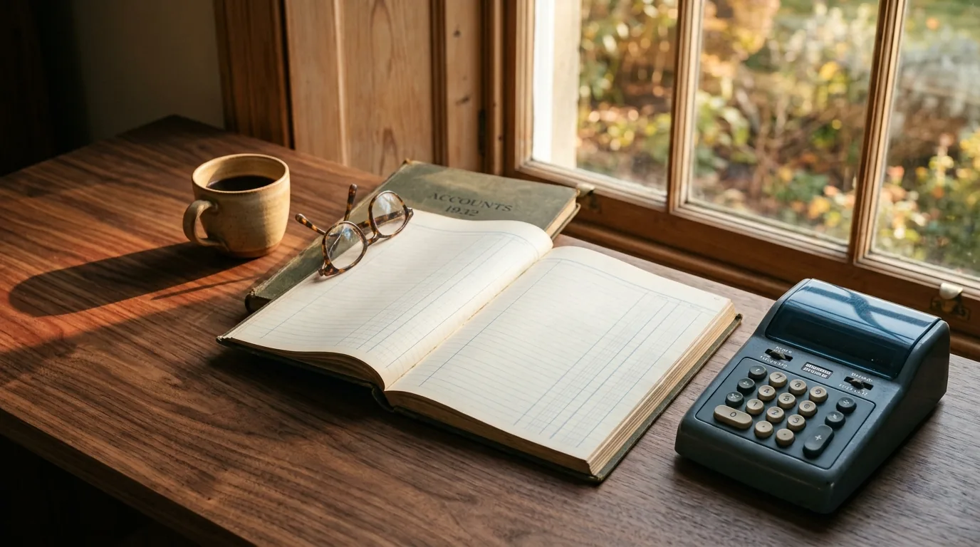 Cash flow management on paper: a bound ledger, calculator and coffee cup on a desk in warm window light, no people present.