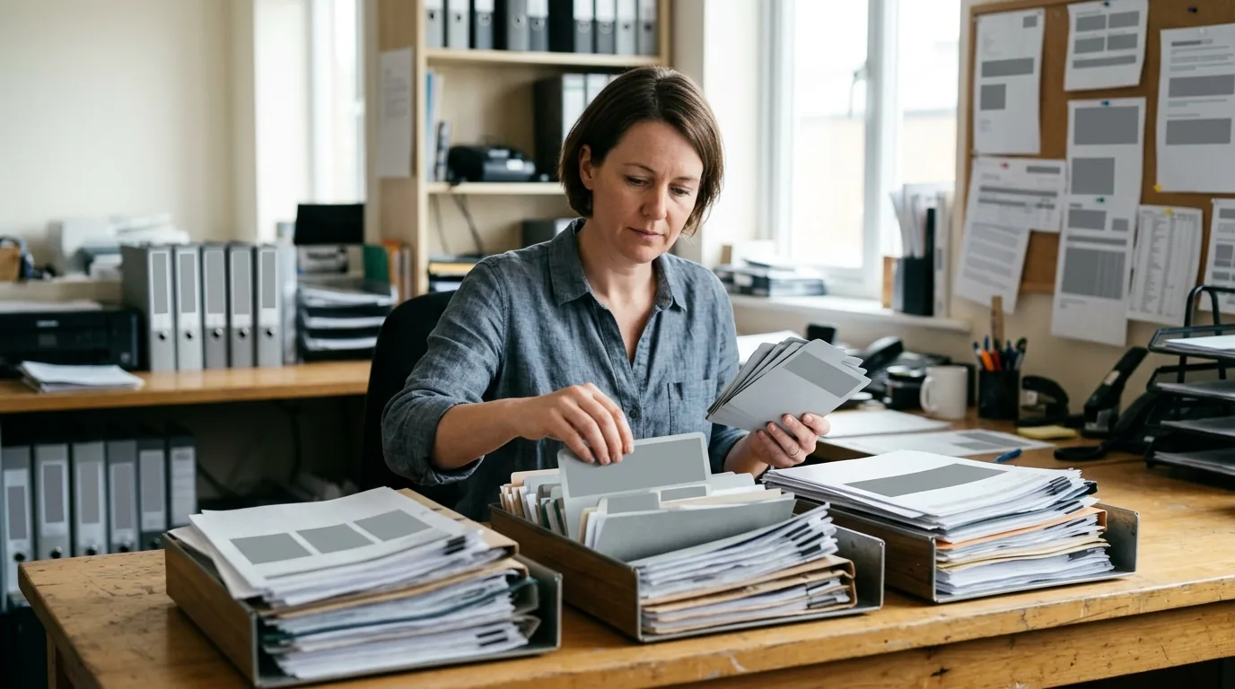 The configuration cost, made visible: an operations lead sorts blank dividers into three already-full document trays.