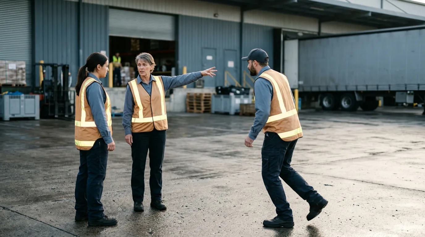 Examples of leadership skills on the job: a supervisor briefs two crew members on a loading dock apron in early daylight.
