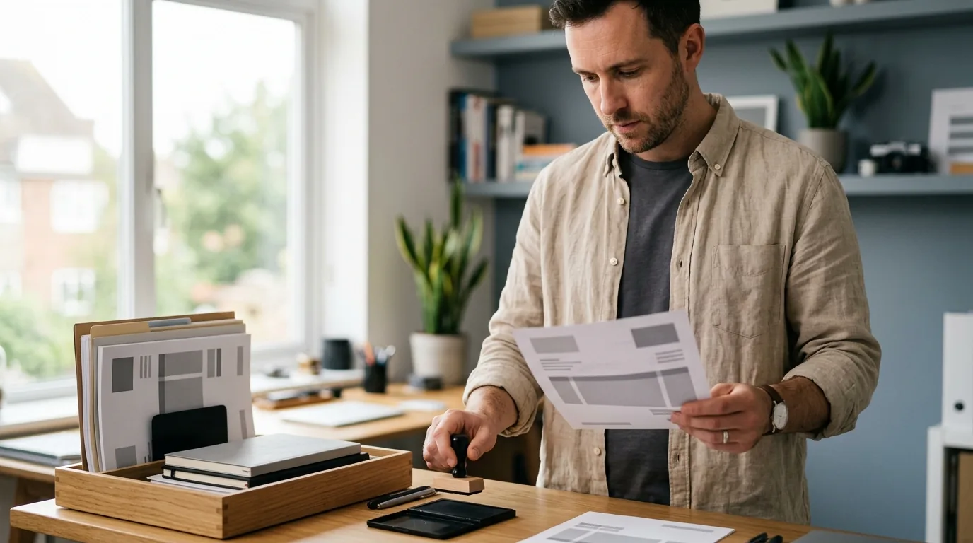 Invoicing as the real job: a freelancer checks a printed invoice over a studio desk with a date stamp beside it.
