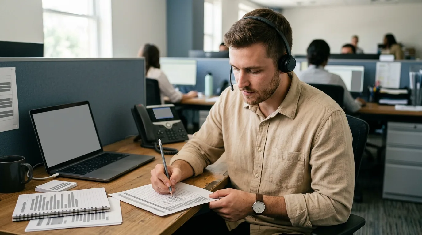 Sales-only software in daily use: an inside-sales rep on a headset works down a printed call list.