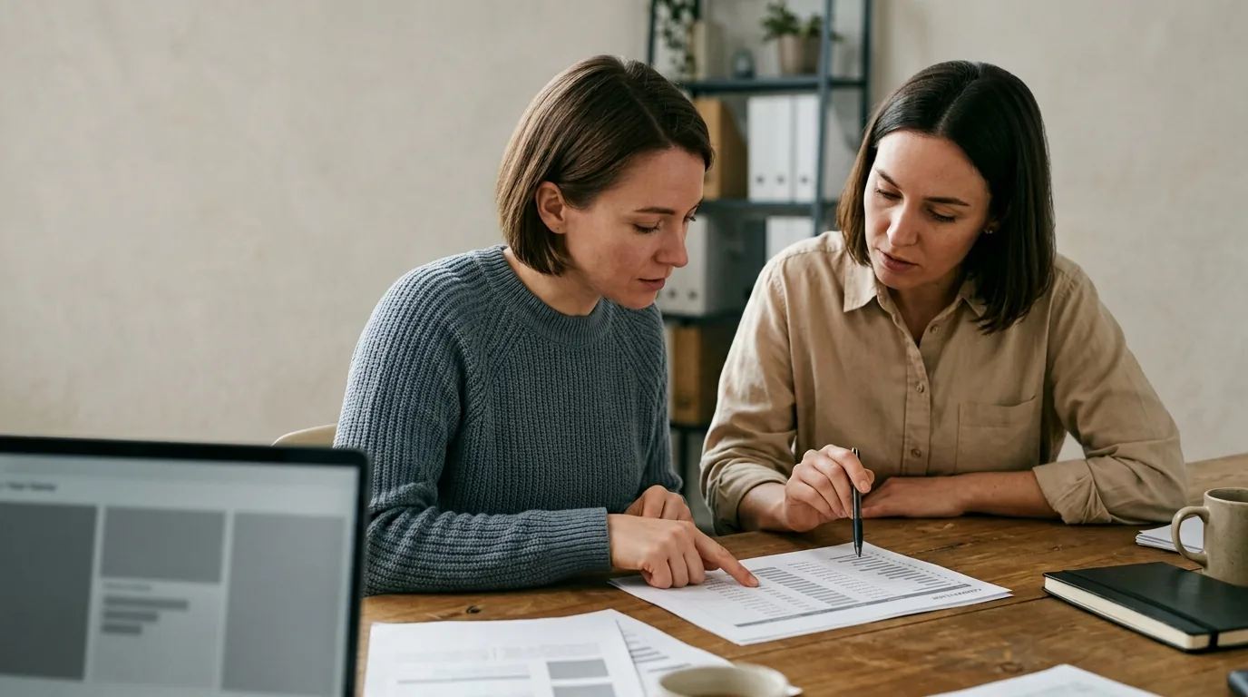Marketing and sales working from one shared customer record: two colleagues review the same printed contact list at a shared desk.