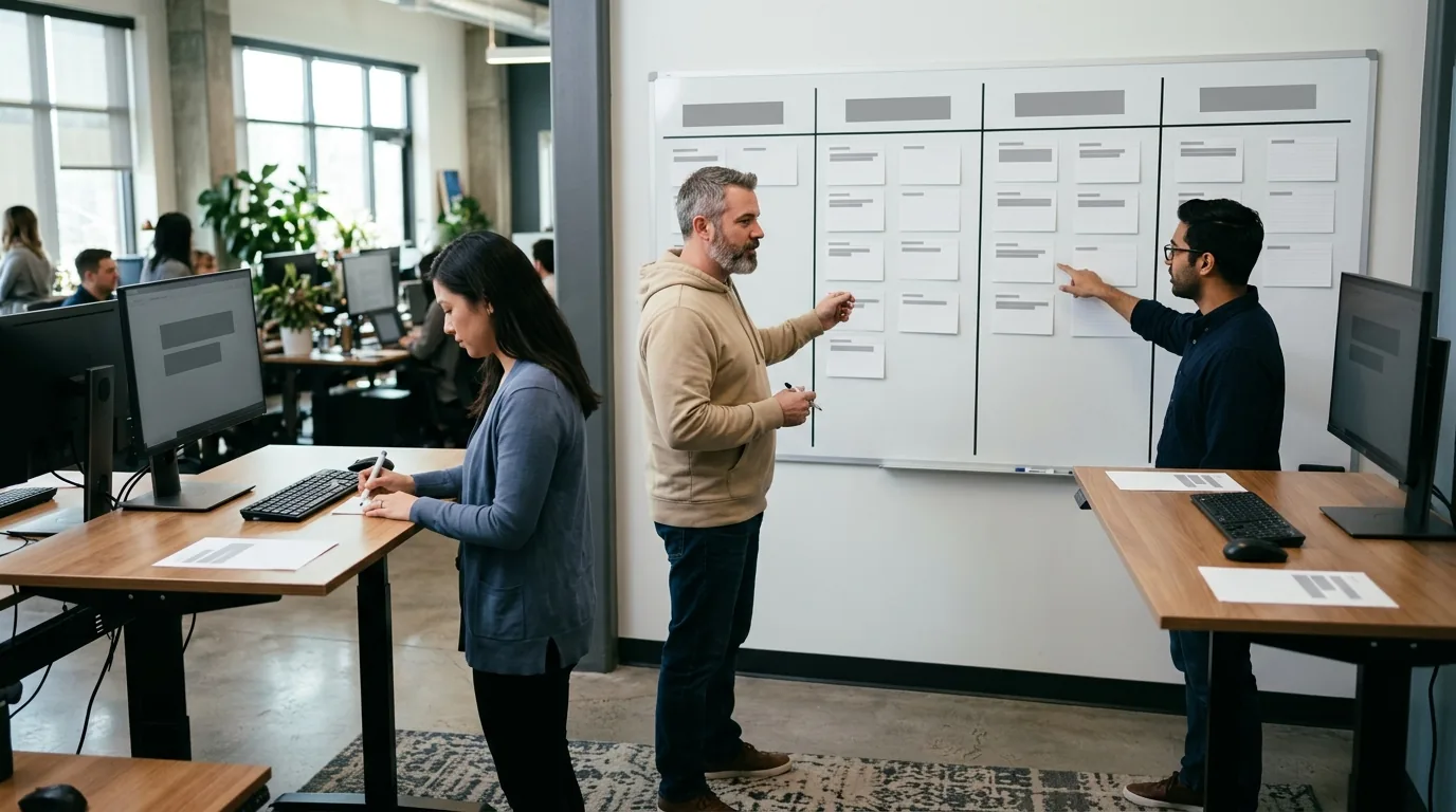 Issue tracking for a shipping team: engineers at standing desks work beside a four-lane sprint board of blank cards.