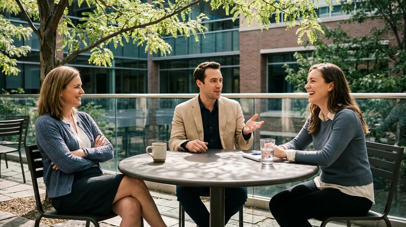 Leadership styles compared: three colleagues talk around a courtyard table under dappled shade outside an office building.