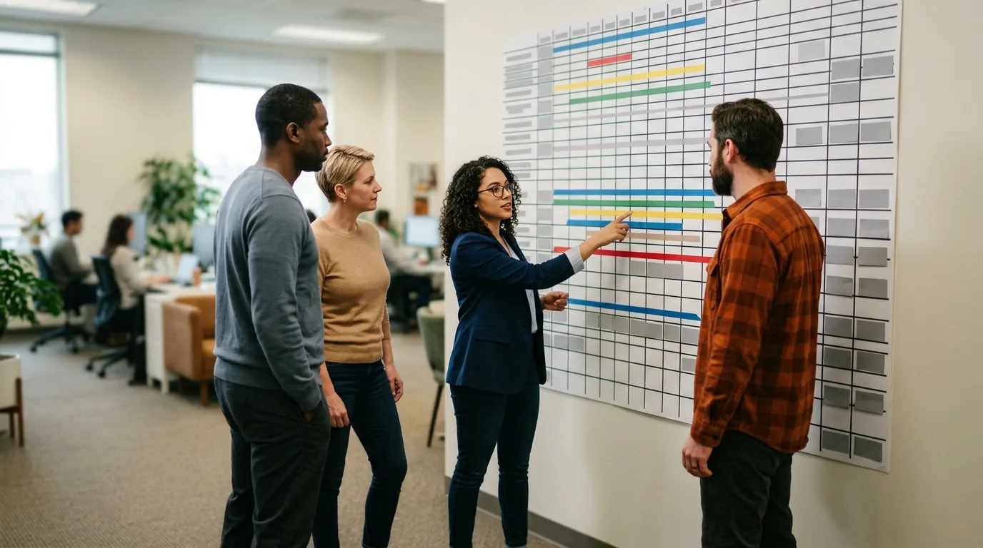 A cross-team standup: four colleagues gather in front of a large wall planner marked with coloured tape strips.