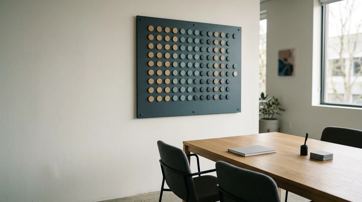 A colour-coded board layout: rows of muted coloured magnets on a steel wall board beside an empty meeting table.