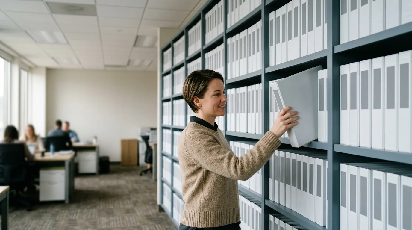 A knowledge base you can touch: a colleague pulls one binder from a wall of uniform document files.