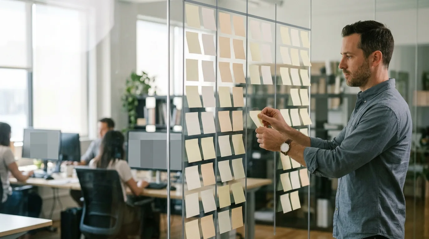 A deal pipeline made physical: a salesperson moves a blank sticky note between columns on a glass office wall.