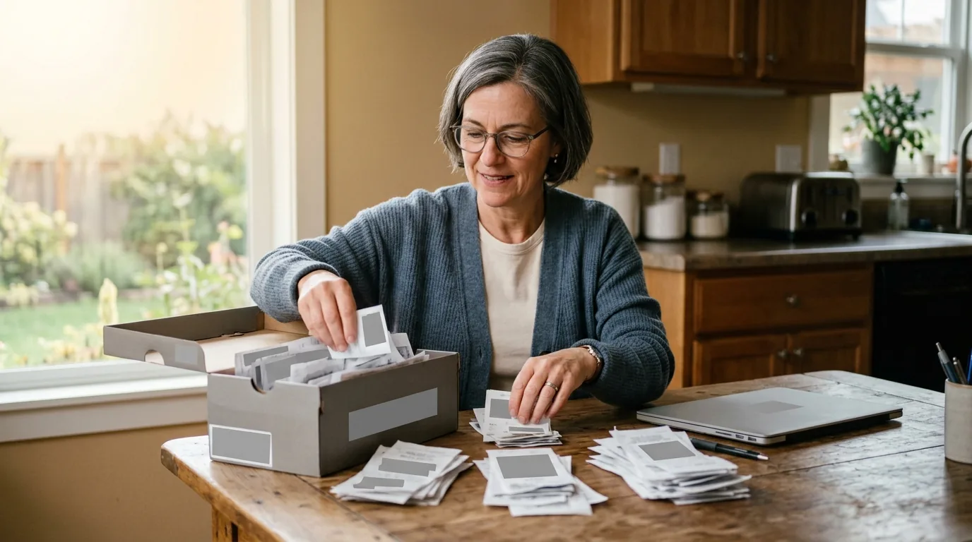Bookkeeping where it actually happens: an owner sorts receipts into piles at a kitchen table beside a closed laptop.