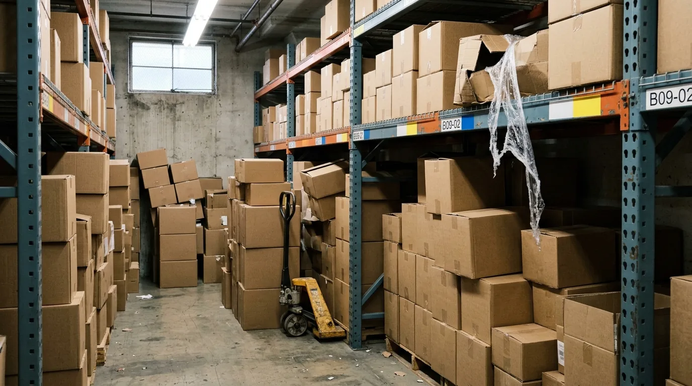 The risk of scaling too fast, made visible: a small stockroom where cartons have overflowed the pallet racking into the walking aisle.