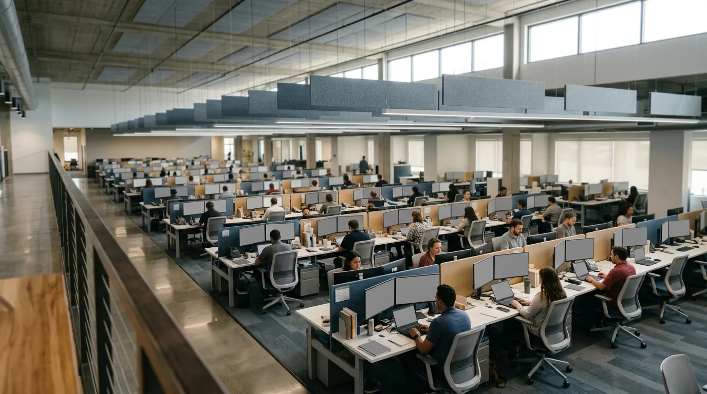CRM at enterprise scale: a large open-plan sales floor of desks seen from the mezzanine walkway above.