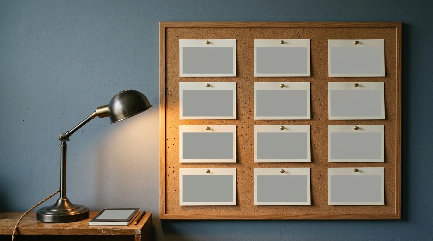 A board, and nothing more: three columns of blank index cards pinned to a corkboard on an office wall.