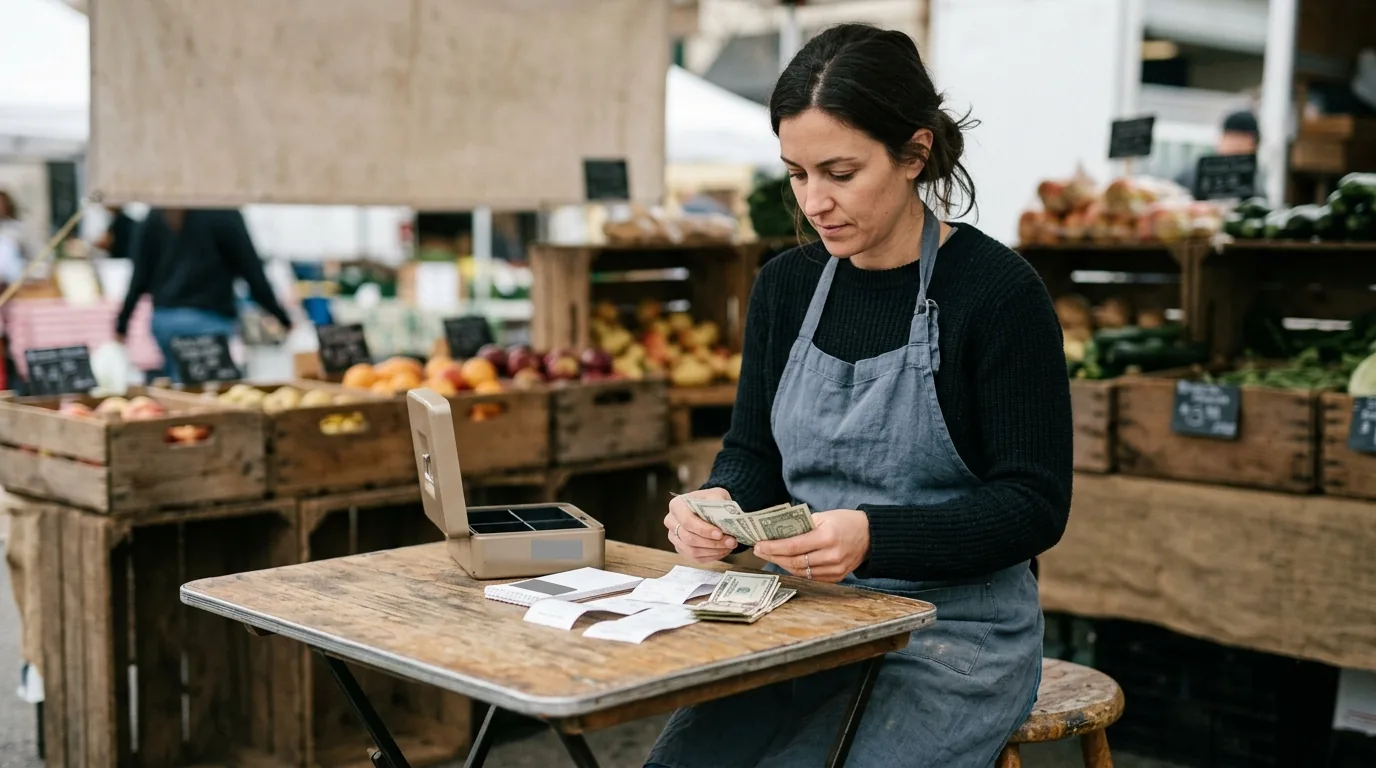 Free bookkeeping for a one-person business: a market trader counts cash and receipts at a folding table behind her stall.