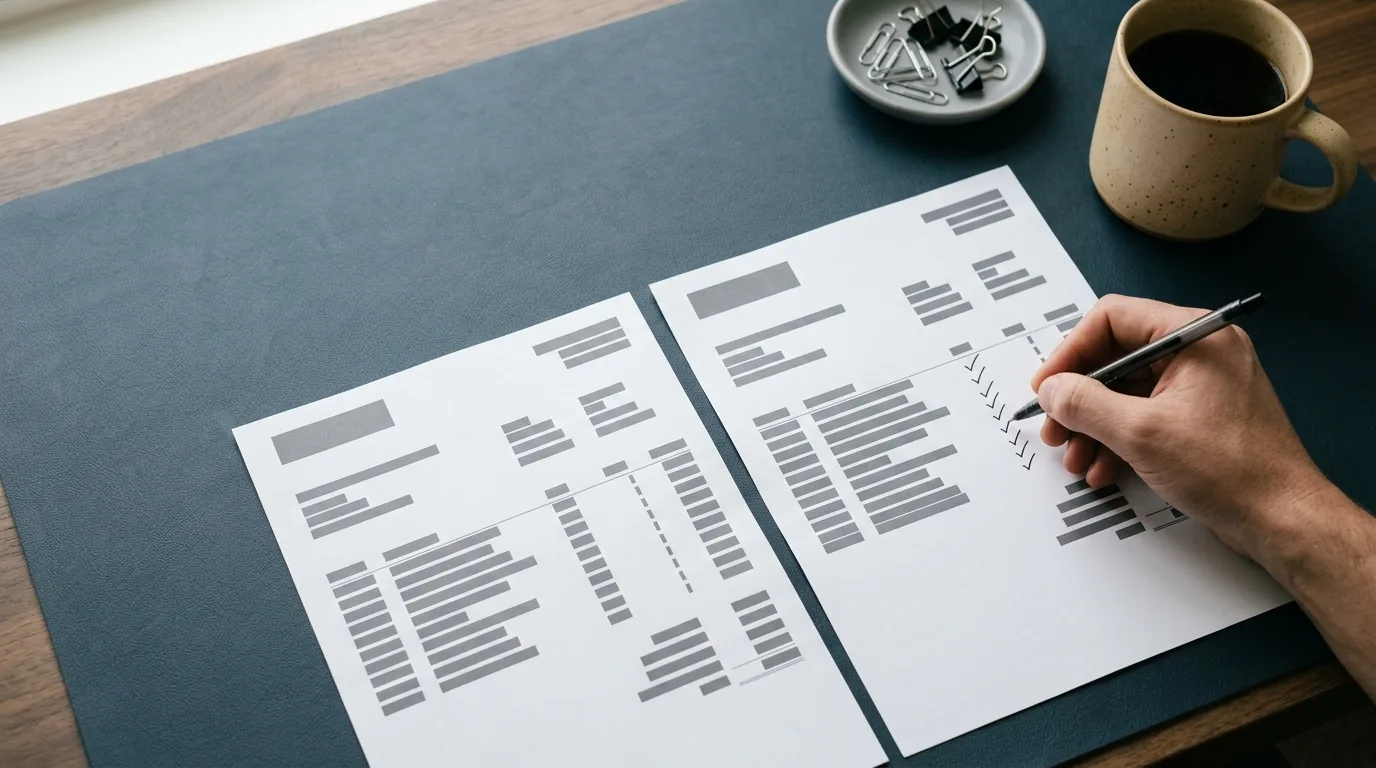 Bank reconciliation on paper: a hand ticks matched lines across two printed statements laid side by side.