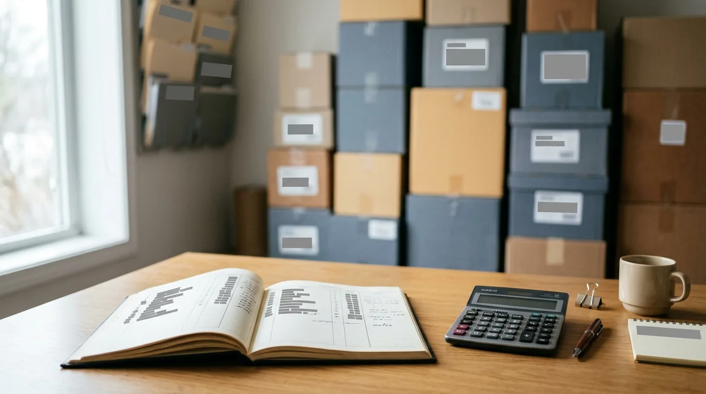 Books for a small importer: an open ledger and a calculator on a desk in front of stacked stock cartons.